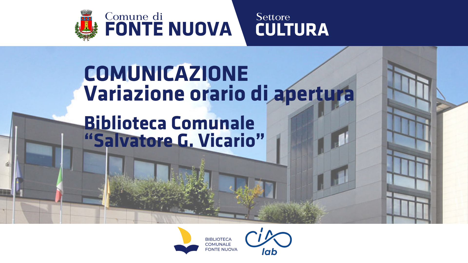 Variazione orario di apertura Biblioteca Comunale “Salvatore G. Vicario"